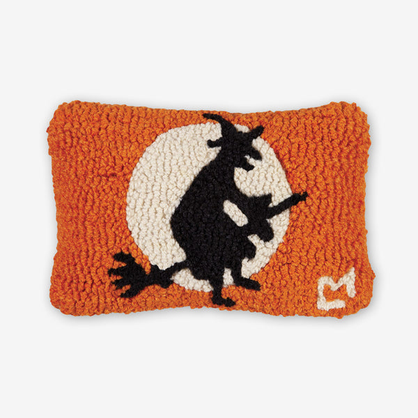 Chandler 4 Corners: Hand-Hooked Wool Pillow: 12x8 Inch Orange Witch with Moon