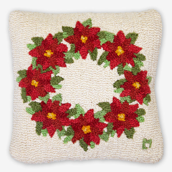Chandler 4 Corners: Hand-Hooked Wool Pillow: 18x18 Inch Poinsettia Wreath