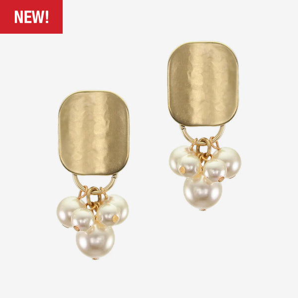 Marjorie Baer Post Earrings: Dished Oval with Pearl Cluster, Brass