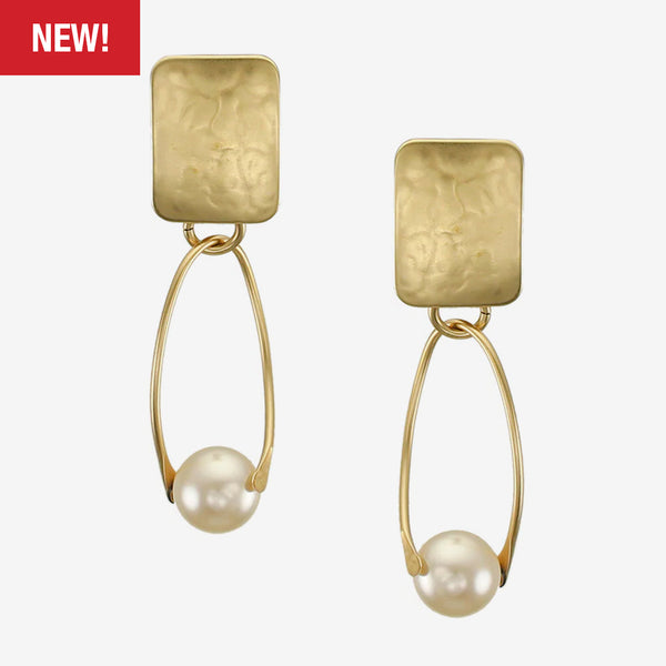 Marjorie Baer Post Earrings: Rectangle with Suspended Pearl, Brass