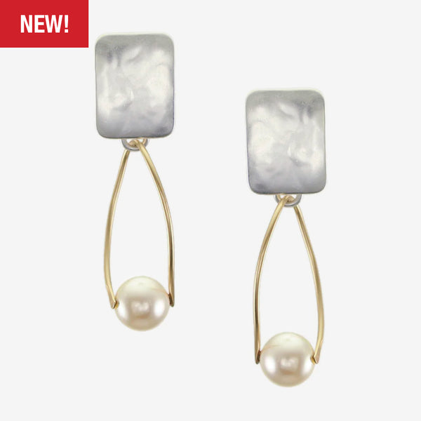 Marjorie Baer Post Earrings: Rectangle with Suspended Pearl, Brass & Silver