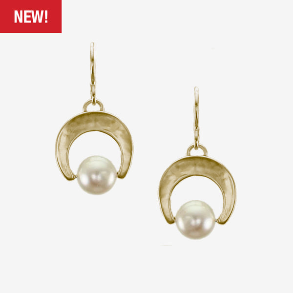 Marjorie Baer Wire Earrings: Medium Crescent and Pearl, Brass