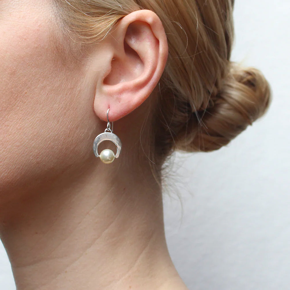Marjorie Baer Wire Earrings: Medium Crescent and Pearl, Silver