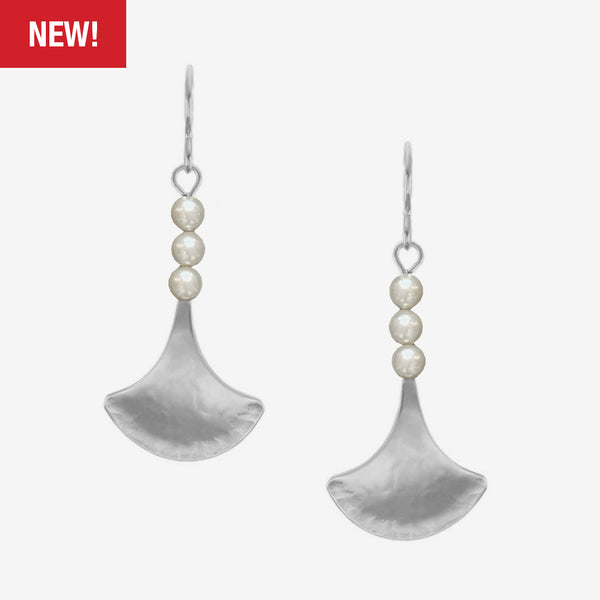 Marjorie Baer Wire Earrings: Gingko Leaf with Pearl Stack, Silver