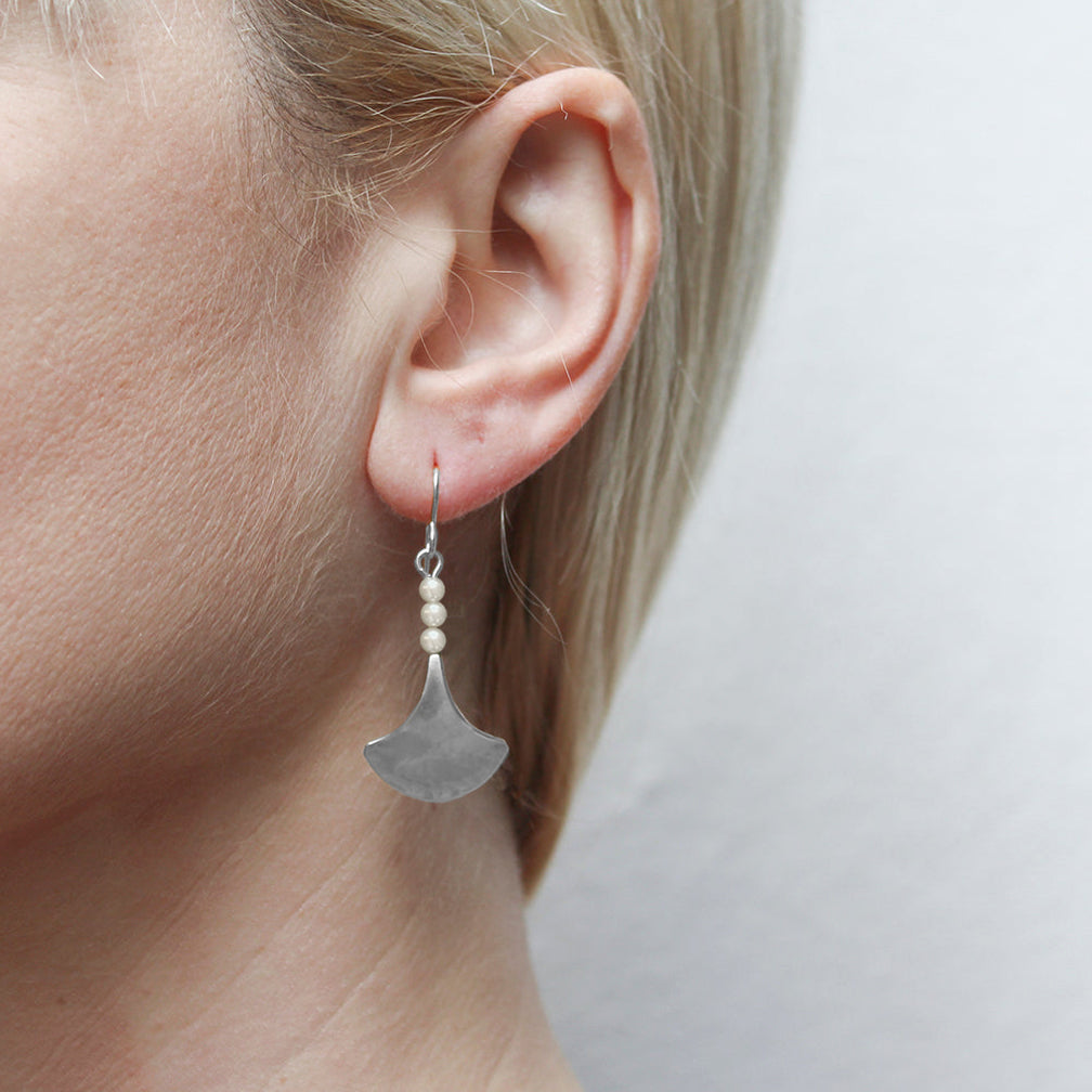 Marjorie Baer Wire Earrings: Gingko Leaf with Pearl Stack, Silver