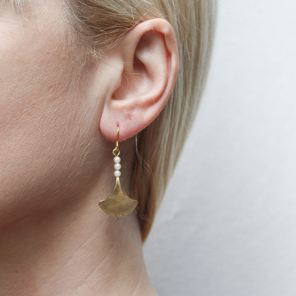Marjorie Baer Wire Earrings: Gingko Leaf with Pearl Stack, Brass
