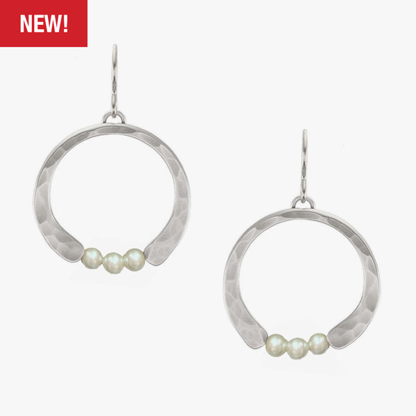Marjorie Baer Wire Earrings: Crescent with Pearls, Silver