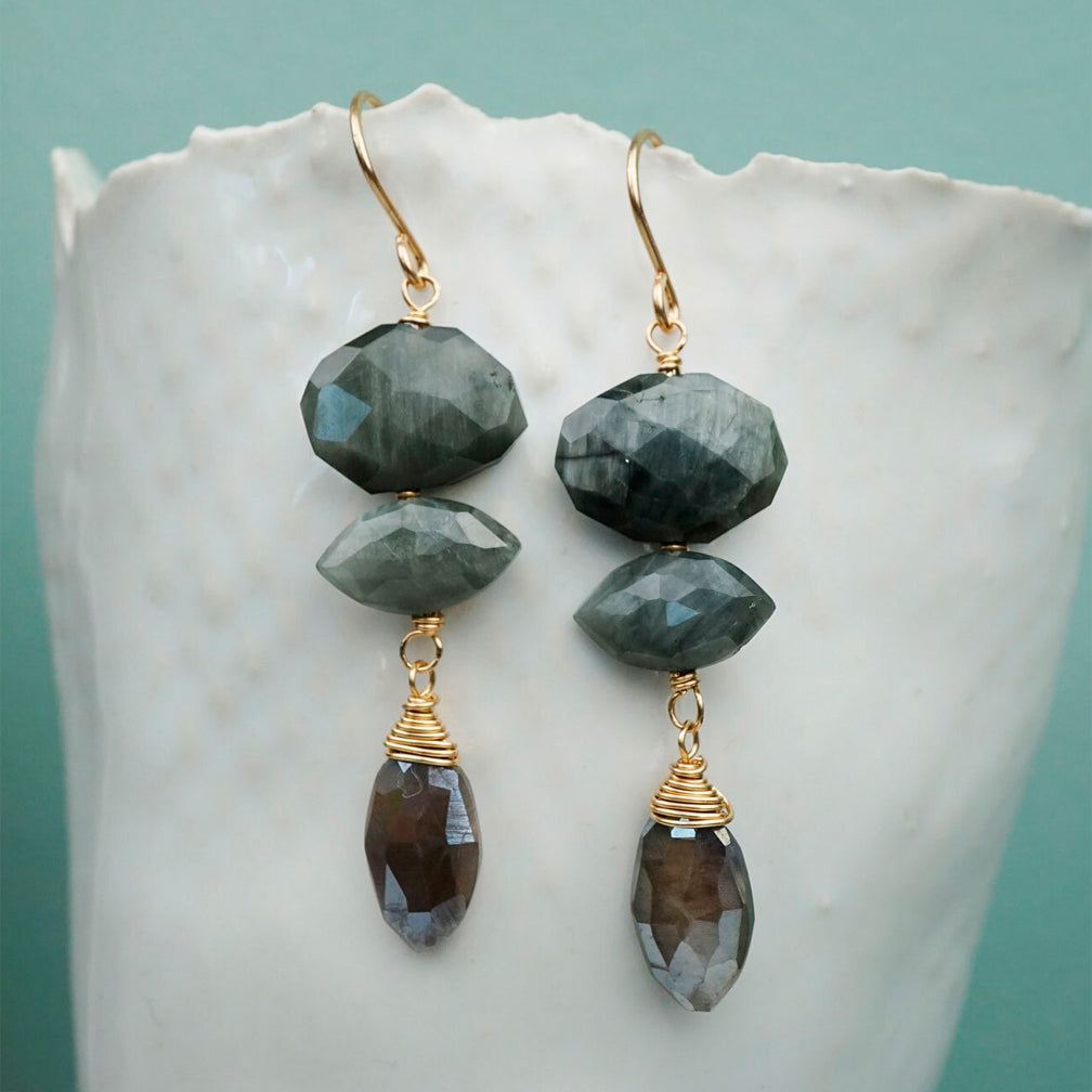 Calliope Jewelry: Earrings: Cat’s Eye with Frosted Moonstone Drops