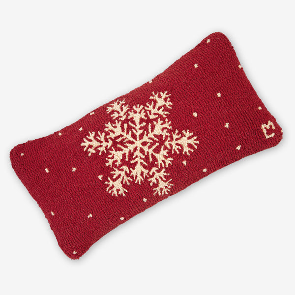 Chandler 4 Corners: Hand-Hooked Wool Pillow: 30x15 Inch Snowflake on Red