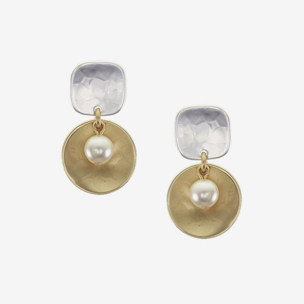 Marjorie Baer Post Earrings: Square and Disc with Cream Pearl Drop