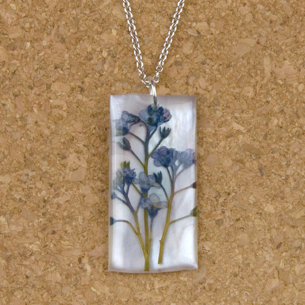 Shari Dixon Necklace: Forget Me Not on Shell, Large Rectangle