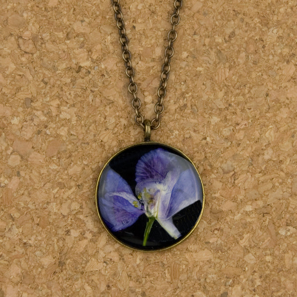 Shari Dixon Necklace: Purple Larkspur on Black, Medium Round