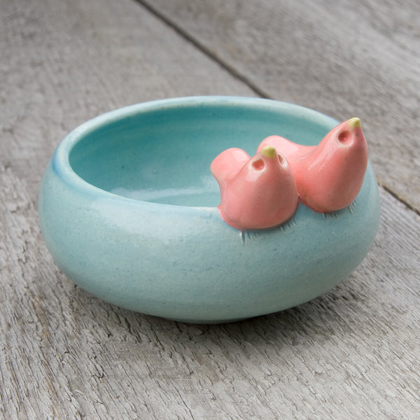 Tasha McKelvey: Small Ceramic Bird Pair Bowl: Aqua/Pink
