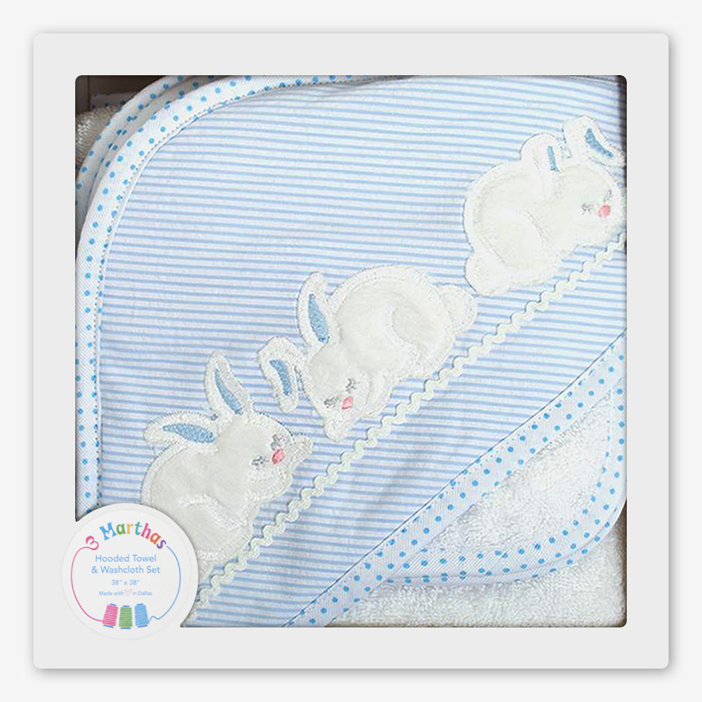 3 Marthas: Hooded Towel & Washcloth Set: Blue Bunny