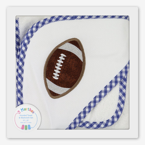 3 Marthas: Hooded Towel & Washcloth Set: Blue Football