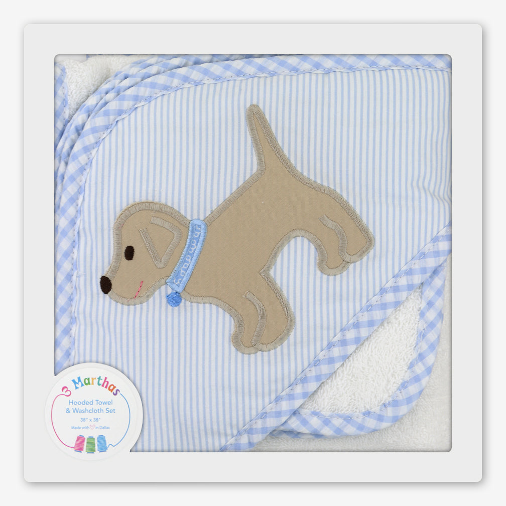 3 Marthas: Hooded Towel & Washcloth Set: Blue Lab Puppy