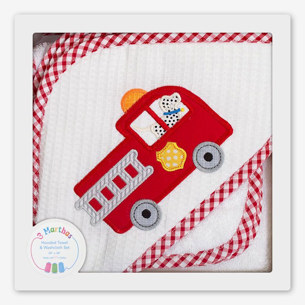 3 Marthas: Hooded Towel & Washcloth Set: Firetruck