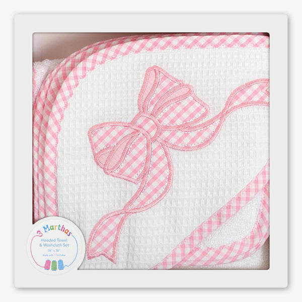 3 Marthas: Hooded Towel & Washcloth Set: Pink Bow