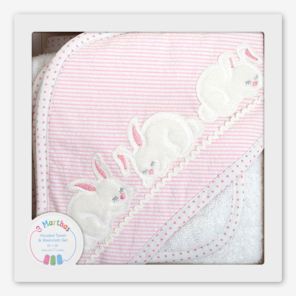 3 Marthas: Hooded Towel & Washcloth Set: Pink Bunny