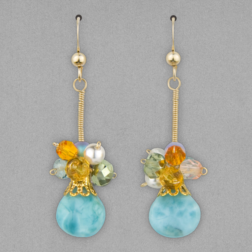 Anna Balkan Earrings: Abby Cluster Long, Gold with Larimar