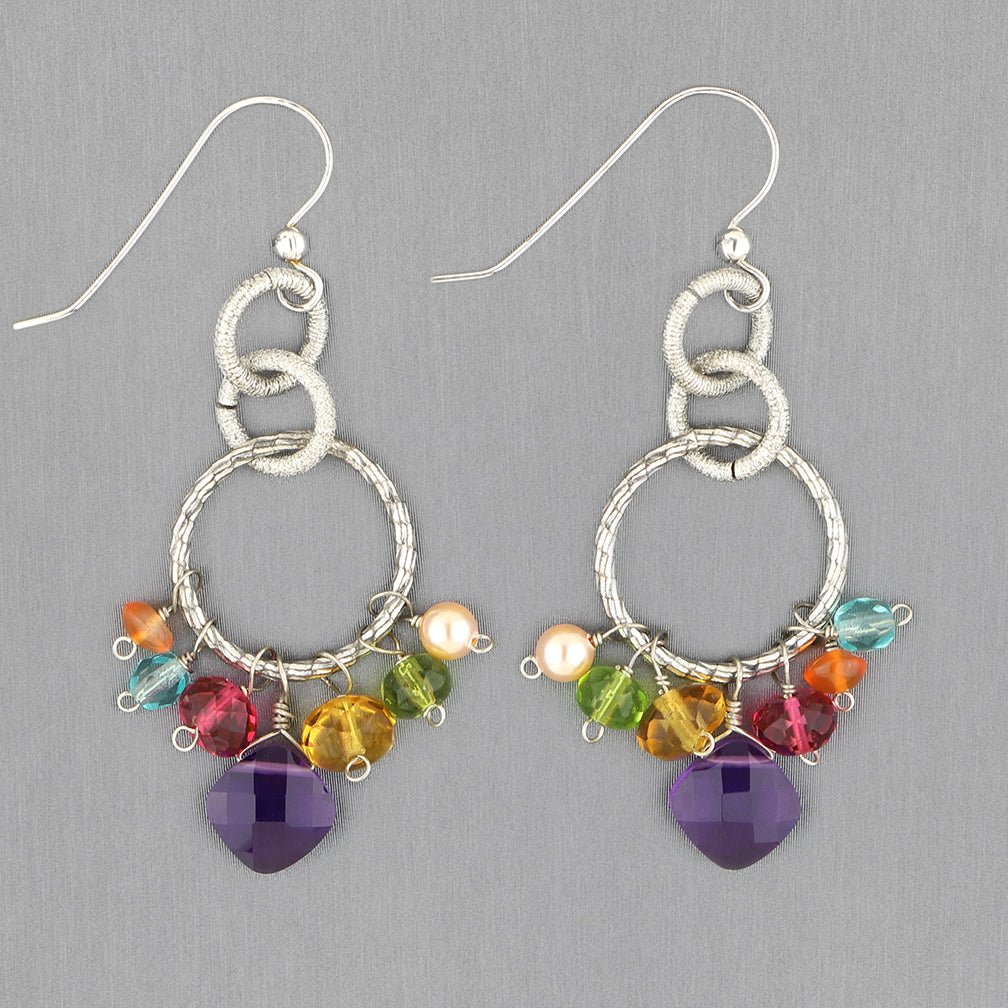 Anna Balkan Earrings: Paige Circle Firework, Silver with Amethyst