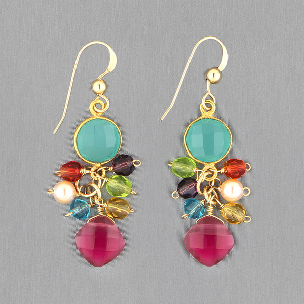 Anna Balkan Earrings: Sienna Bezel & Square Colorful Gems, Gold with Chalcedony