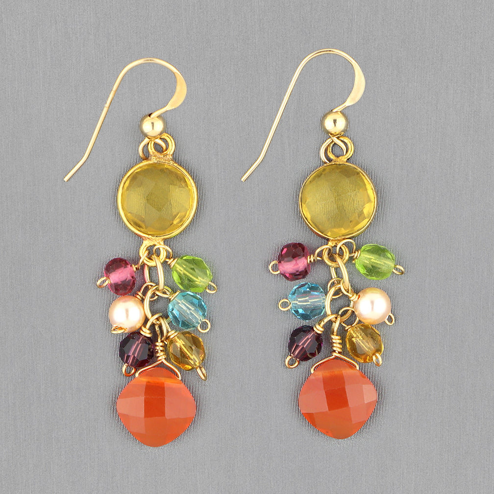 Anna Balkan Earrings: Sienna Bezel & Square Colorful Gems, Gold with Citrine