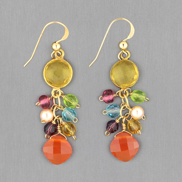 Anna Balkan Earrings: Sienna Bezel & Square Colorful Gems, Gold with Citrine