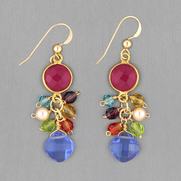Anna Balkan Earrings: Sienna Bezel & Square Colorful Gems, Gold with Ruby Quartz