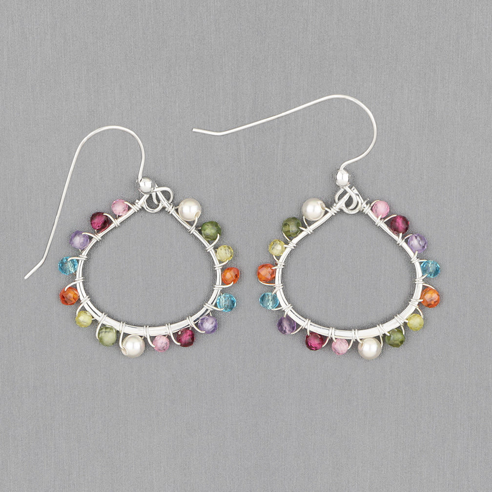 Anna Balkan Earrings: Lily Mini Petal Colorful Hoop, Silver with Multigem