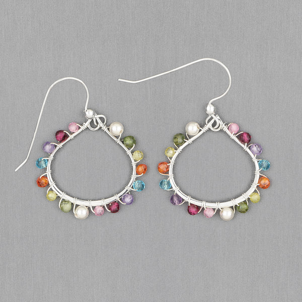 Anna Balkan Earrings: Lily Mini Petal Colorful Hoop, Silver with Multigem