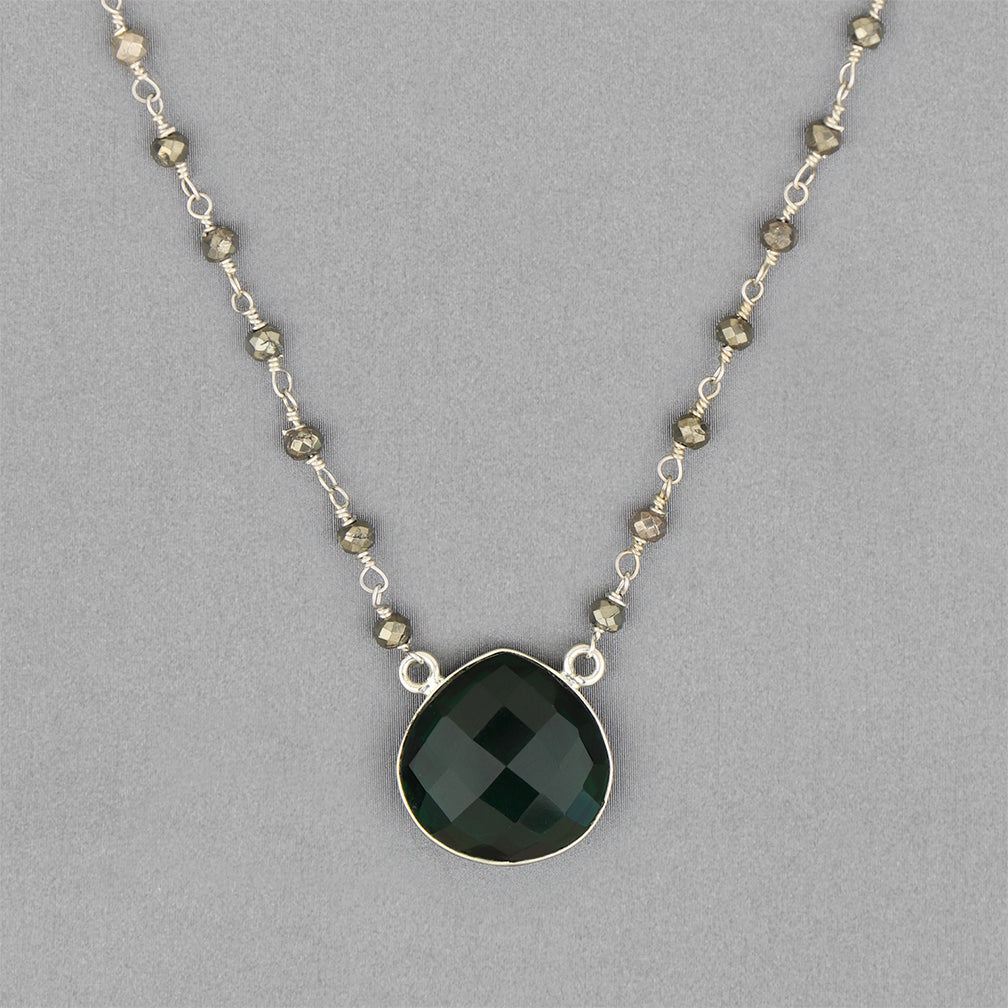 Anna Balkan Necklace: Bezeled Pendant, Silver with Emerald Quartz & Pyrite Chain
