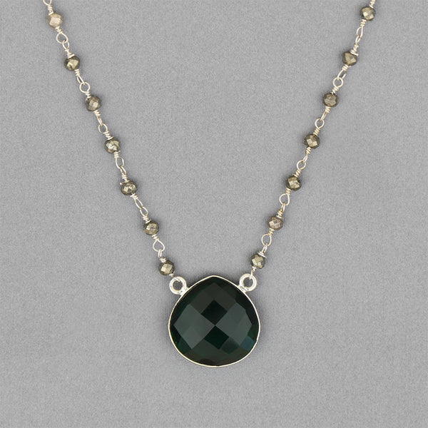 Anna Balkan Necklace: Bezeled Pendant, Silver with Emerald Quartz & Pyrite Chain