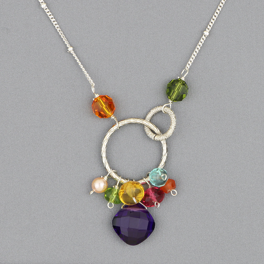 Anna Balkan Necklace: Paige Colorful Gem Pendant, Silver with Amethyst