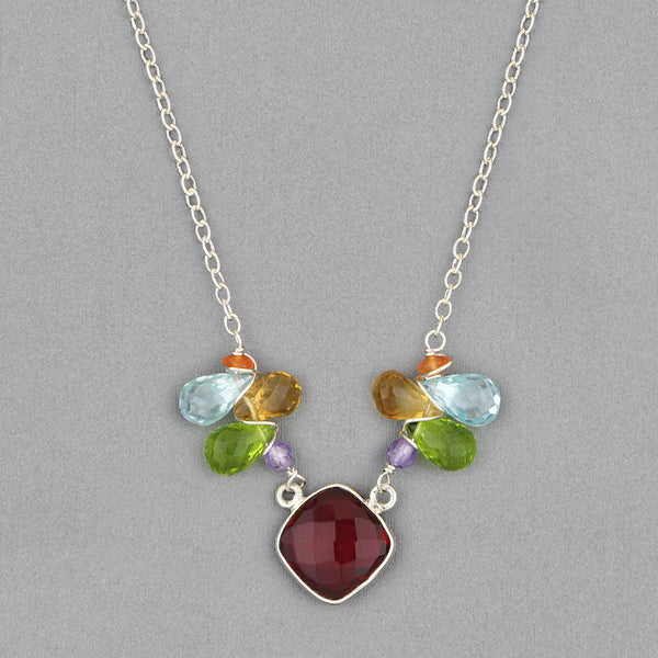 Anna Balkan Necklace: Mia Bezeled Gemstone with Teardrops, Silver with Ruby Quartz