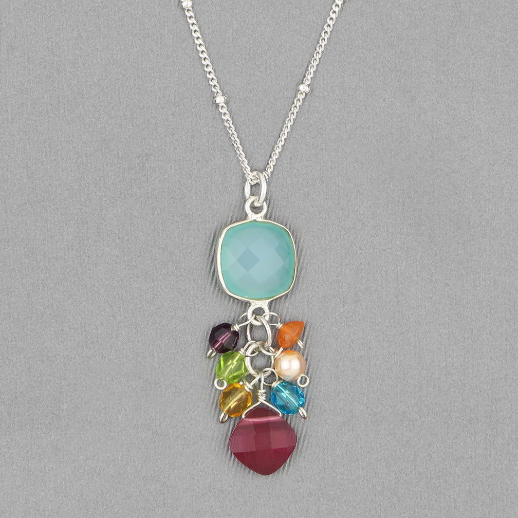 Anna Balkan Necklace: Sienna Colorful Bezeled Pendant, Silver with Chalcedony