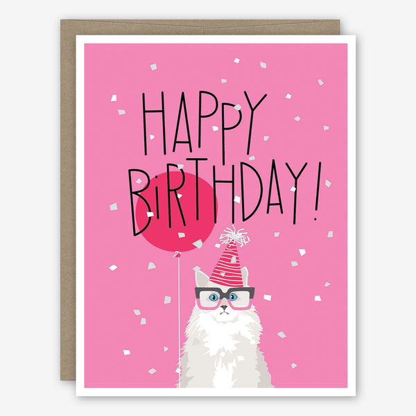 Apartment 2 Birthday Card: White Cat Pink Balloon