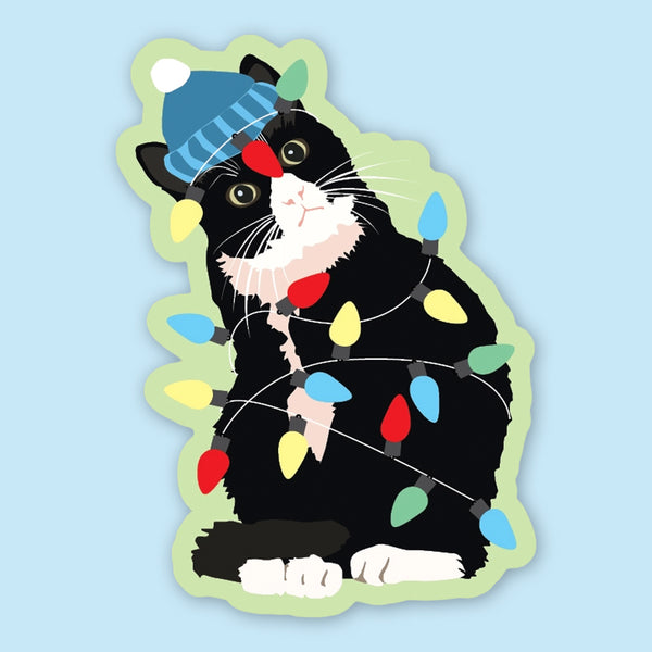 Apartment 2 Sticker: Holiday Black Cat with Christmas Lights