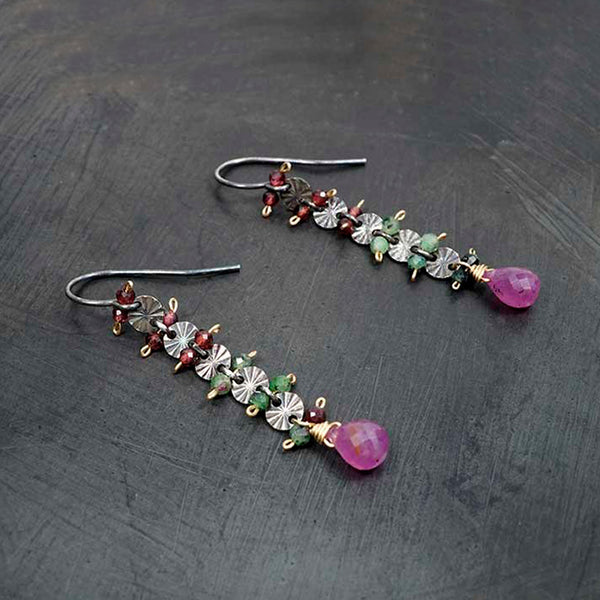 Calliope Jewelry: Earrings: Ruby Zoisite & Garnet Ladders with Ruby Drops