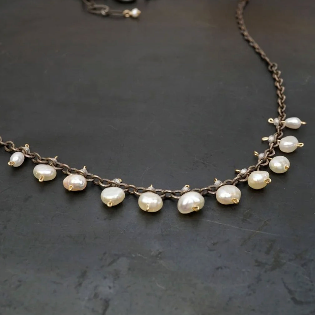 Calliope Jewelry: Necklace: Freshwater Pearls on Oxidized Silver Chain