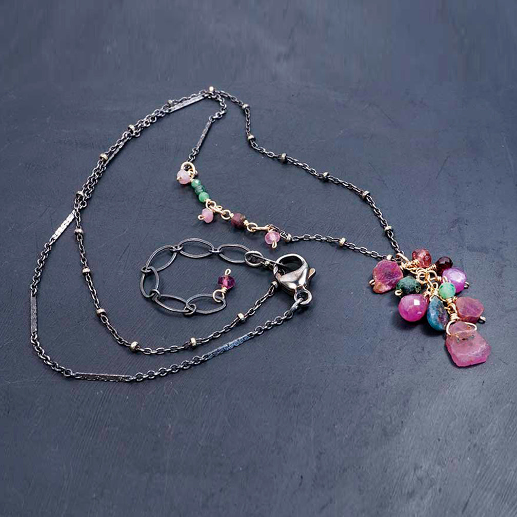 Calliope Jewelry: Necklace: Cluster of Ruby Zoisite, garnet, Star Ruby, Pink Tourmaline