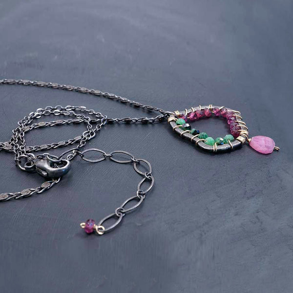 Calliope Jewelry: Necklace: Ox SS Pond Shape Wrapped with Garnets, Ruby Zoisite, Pink Tourm, Sapphire