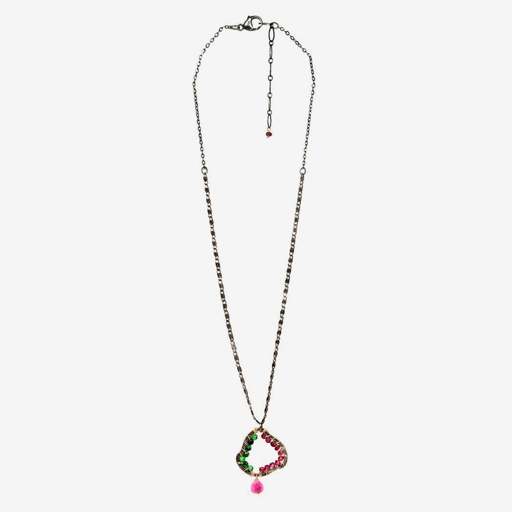 Calliope Jewelry: Necklace: Ox SS Pond Shape Wrapped with Garnets, Ruby Zoisite, Pink Tourm, Sapphire