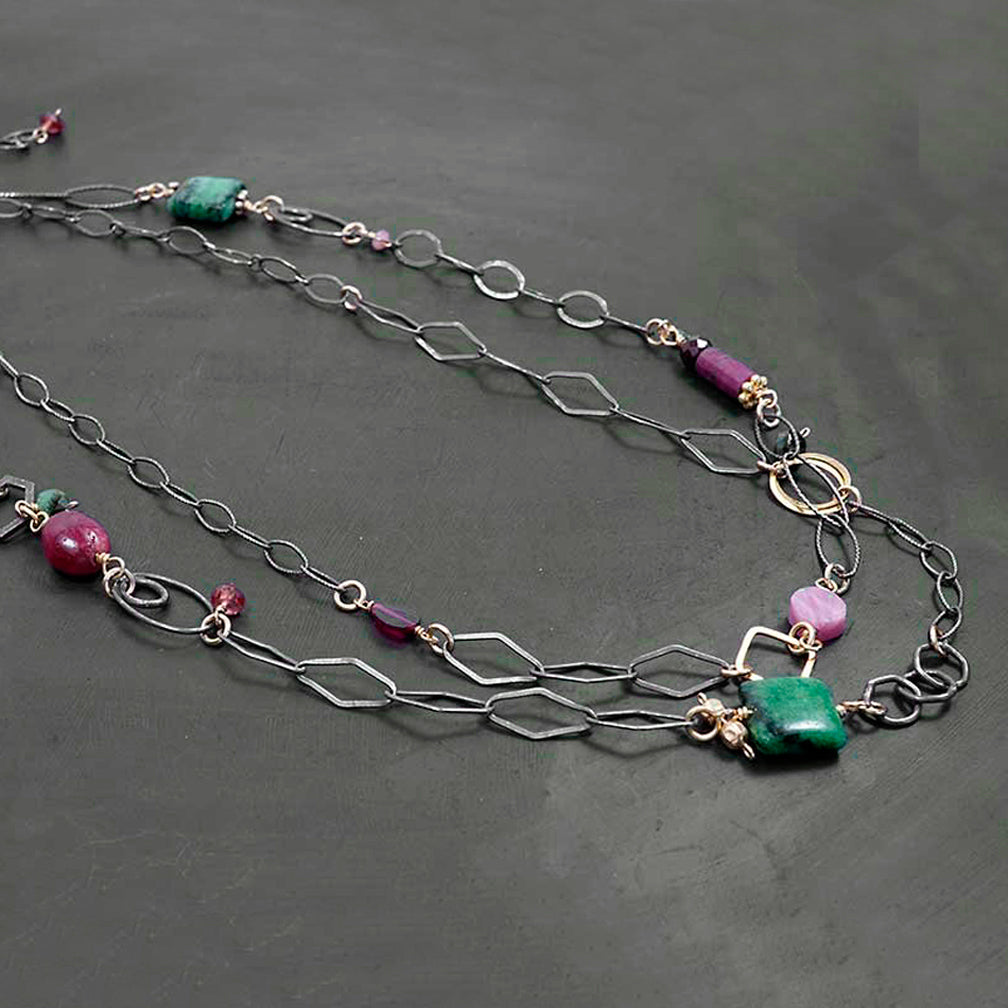 Calliope Jewelry: Necklace: Long Stone & Ruby, Garnet, Pink Tourm, Sapphire