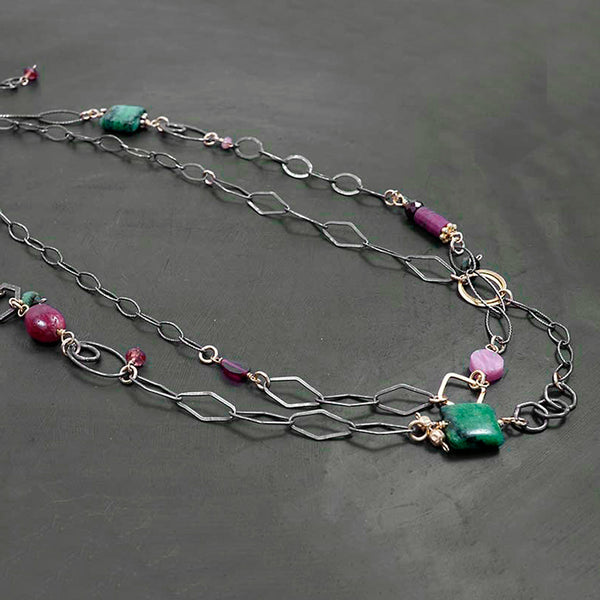 Calliope Jewelry: Necklace: Long Stone & Ruby, Garnet, Pink Tourm, Sapphire