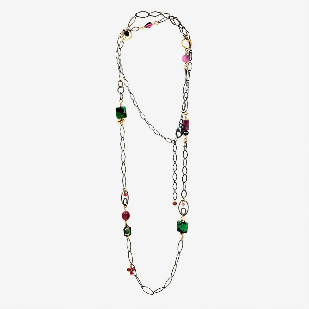 Calliope Jewelry: Necklace: Long Stone & Ruby, Garnet, Pink Tourm, Sapphire