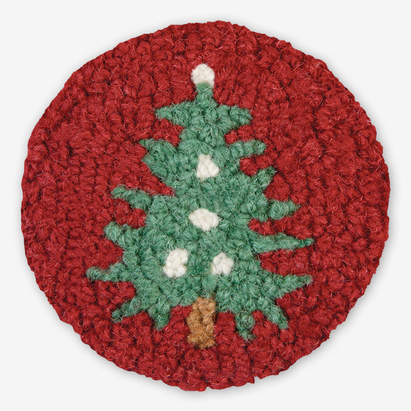 Chandler 4 Corners: Hand-Hooked Wool Coasters: Christmas Tree on Red