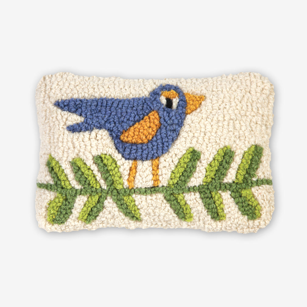 Chandler 4 Corners: Hand-Hooked Wool Pillow: 12x8 Inch Blue Bird on Branch