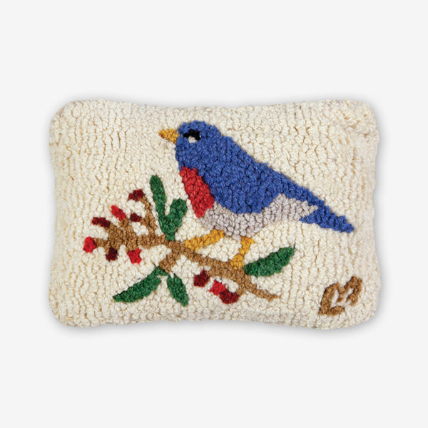 Chandler 4 Corners: Hand-Hooked Wool Pillow: 12x8 Inch Bluebird & Berries