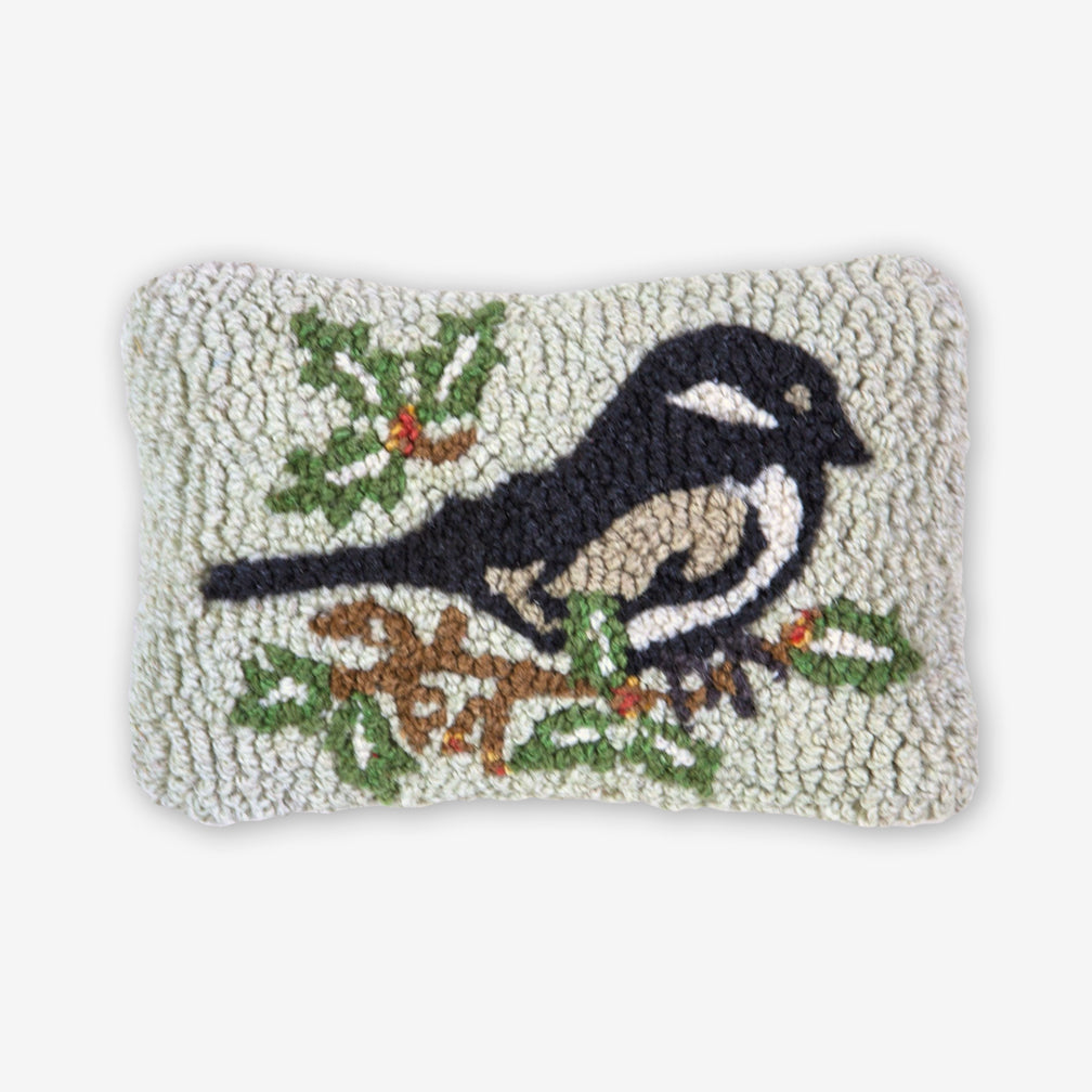 Chandler 4 Corners: Hand-Hooked Wool Pillow: 12x8 Inch Chickadee in Vines